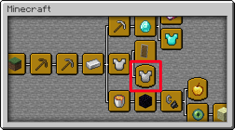 Minecraft advancement screen showing the main story branch with the new advancement marked by red square.
