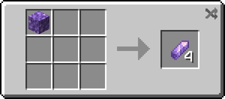 Minecraft recipe showing amethyst block being crafted into 4 amethyst shards