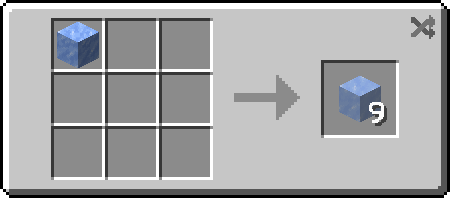Minecraft recipe showing packed ice block being crafted into 9 ice blocks