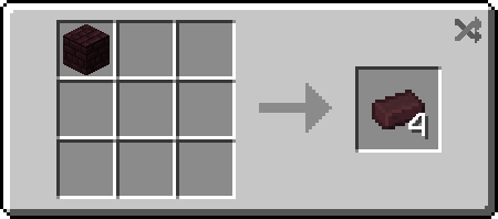 Minecraft recipe showing nether bricks block being crafted into 4 nether bricks
