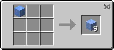 Minecraft recipe showing blue ice block being crafted into 9 packed ice blocks