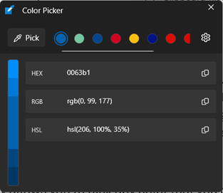 Clolor Picker window after picking a color. It shows the picked color in HEX, RGB and HSL format.