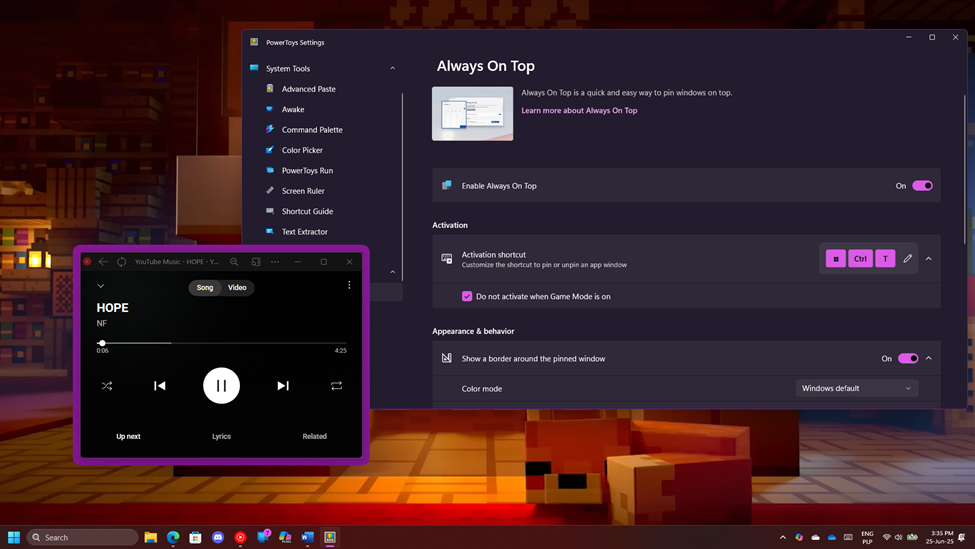 Screenshot showing Always On Top feature in action.
