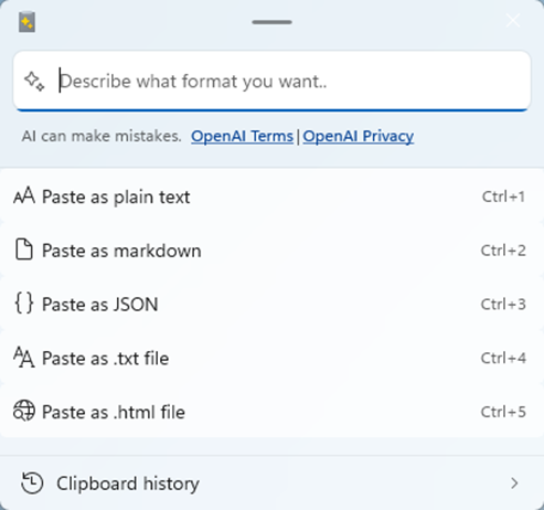 Advanced Paste window showing possible options.