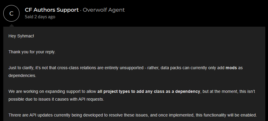 Screenshot I've got after contacting CurseForge support about the issue mentioned above.
